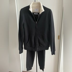 Women's Full Zip Sherpa Lined Hoodie Fleece Winter Jacket Sweatpant Set Black S